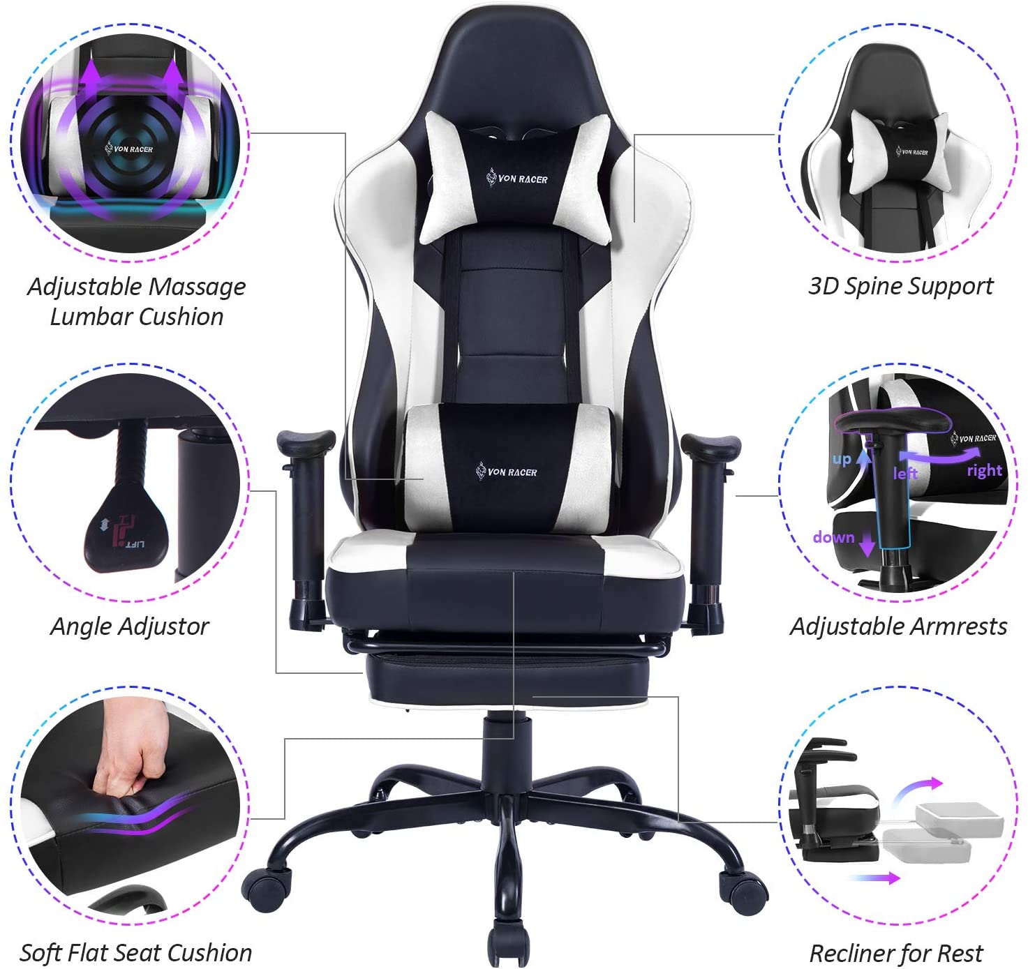 VON RACER Gaming Chair Massage with Footrest Gamer Chair Ergonomic Gaming Chair for Adults (NC)