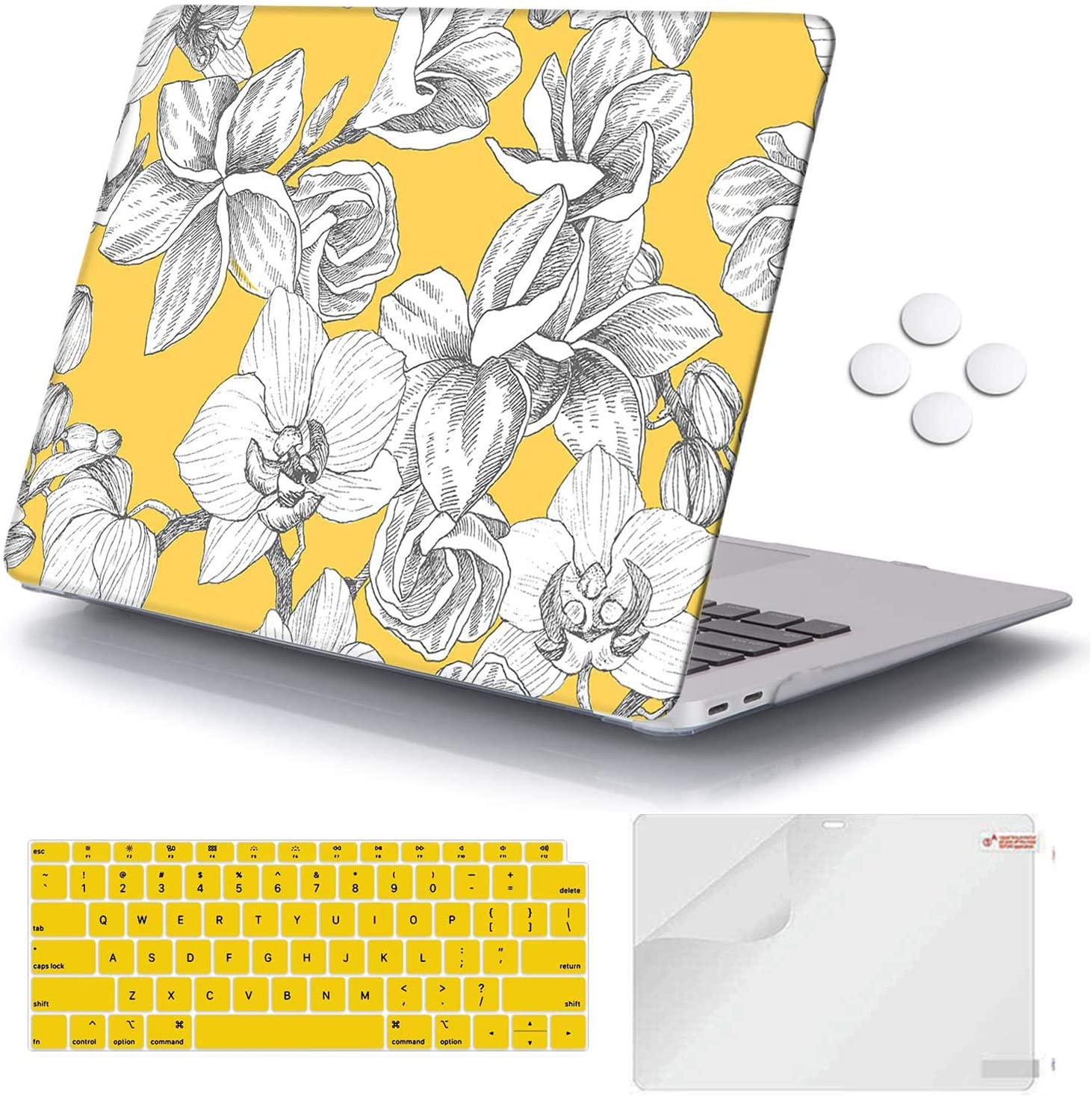Peony on Yellow Base - White Marble MacBook Air 13 inch Case 2018 - 2020 Release. Plastic Pattern Hard Shell, keyboard and screen protectors, Compatible with MacBook Air 13. - e4cents