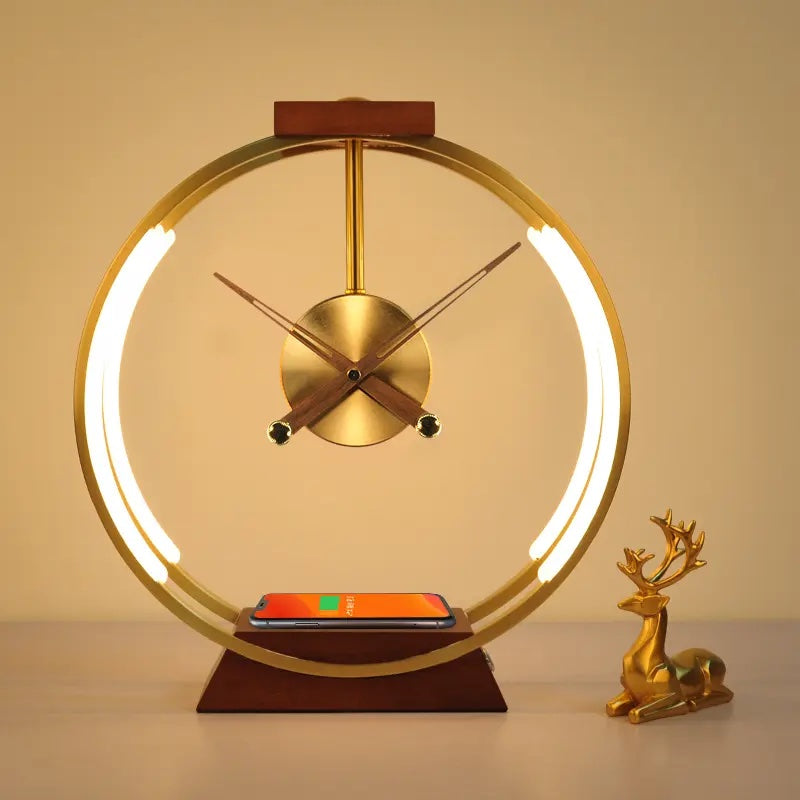 Dimmable Lamp Luxury Clock Wooden Base Desk Lamp With USB Qi Wireless Charger.