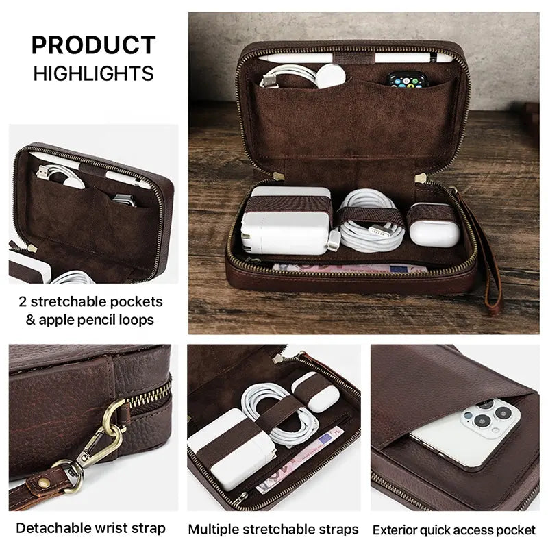 Handmade Genuine Leather Portable Tech Accessories Travel Cable Organizer Bag.