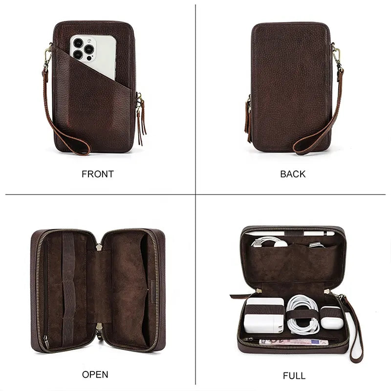 Handmade Genuine Leather Portable Tech Accessories Travel Cable Organizer Bag.