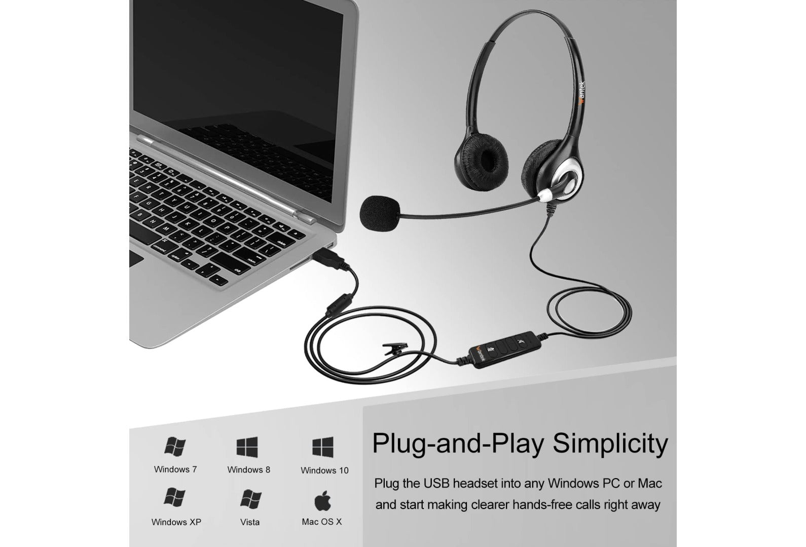USB Headset with Microphone Noise Cancelling and in-line Controls