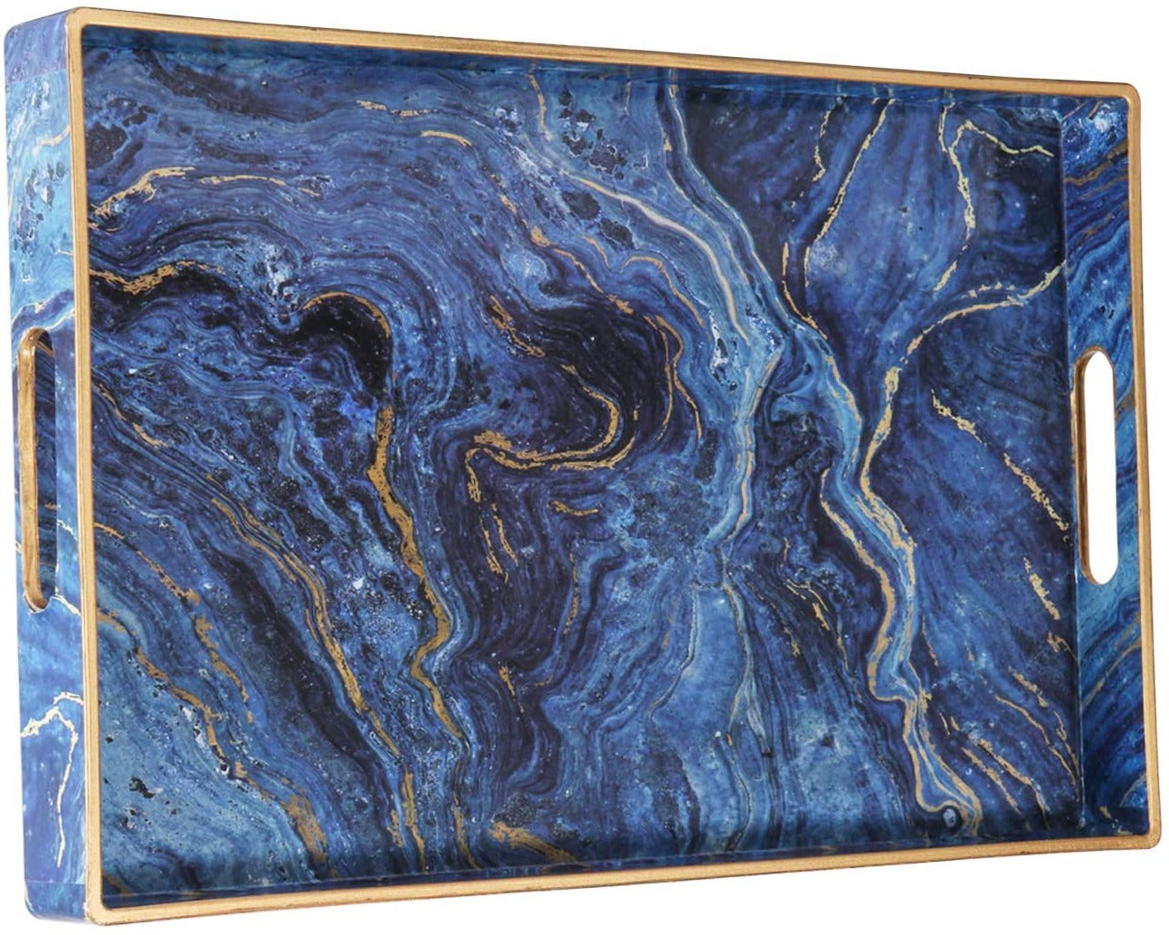 Decorative Tray, Marbling Plastic Tray with Handles, Rectangular Vanity Tray and Serving Tray for Bathroom, Kitchen, Ottoman and Coffee Table, 15.6” x 10.2” x 1.5", Blue. - e4cents