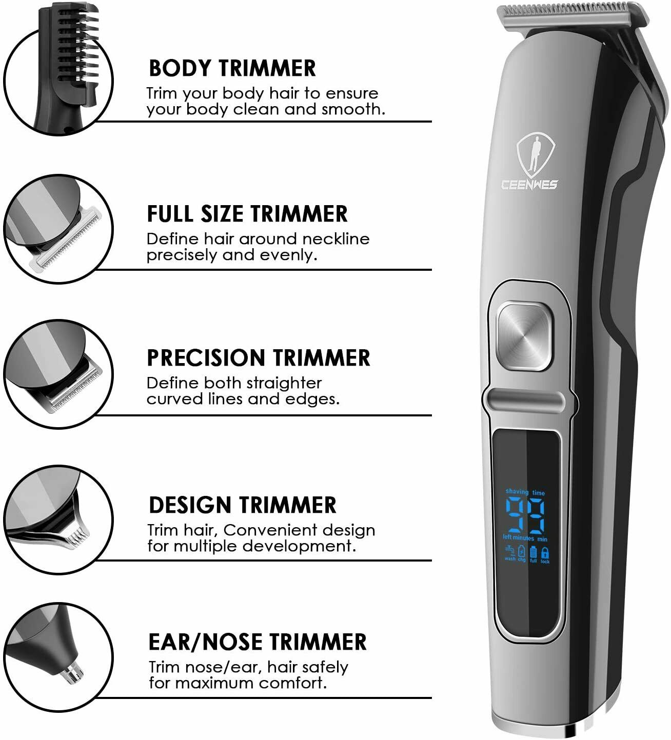 5 in 1 Ceenwes Professional Men's Hair Clippers Trimmers Machine Cordless Shaver - e4cents