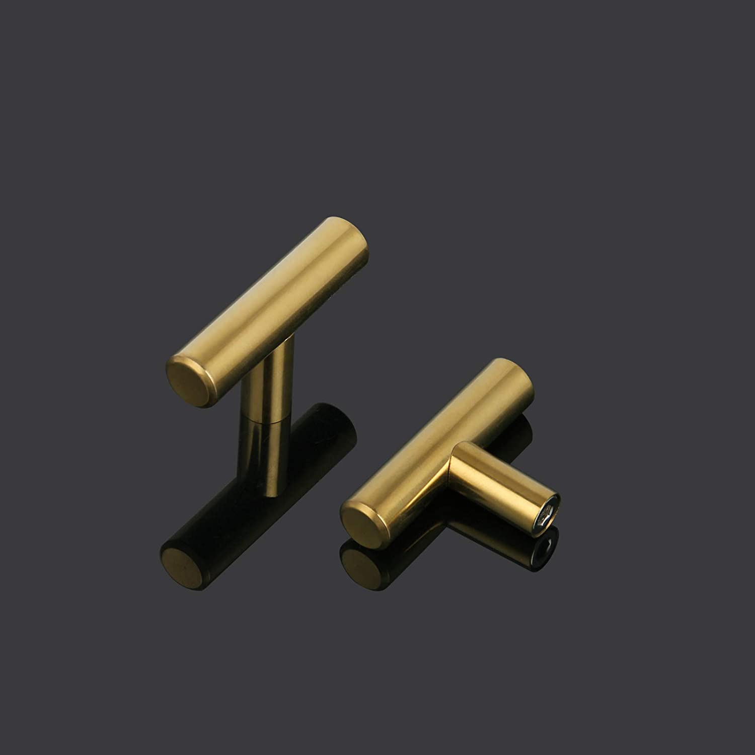 Single Hole T Bar Cabinet Knobs 5 Pack Gold Kitchen Handles Brushed Brass Cupboard Drawer Pulls 50mm/2" Overall Length. - e4cents