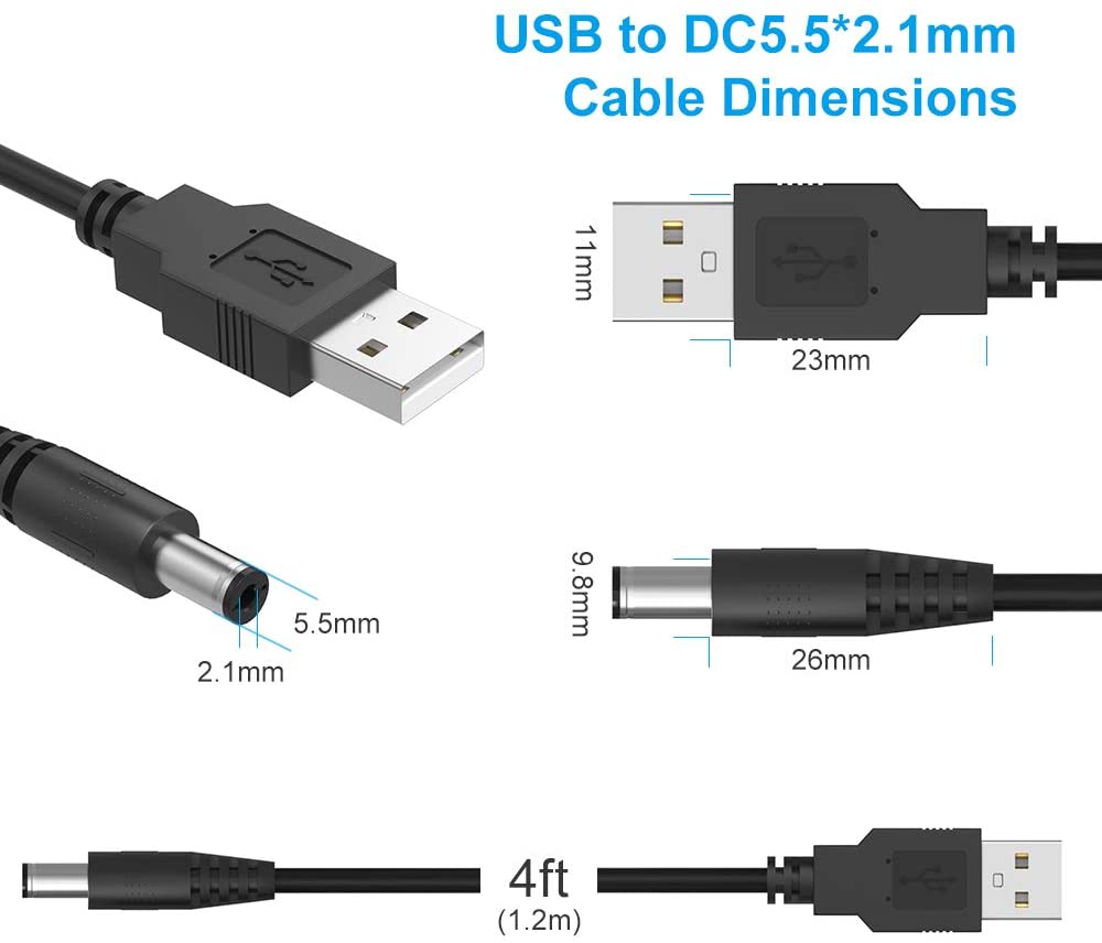 BENSN Universal 5V DC Power Cable, USB to DC 5.5x2.1mm Plug Charger Cord with 10 Connector Tips.   (LNC)