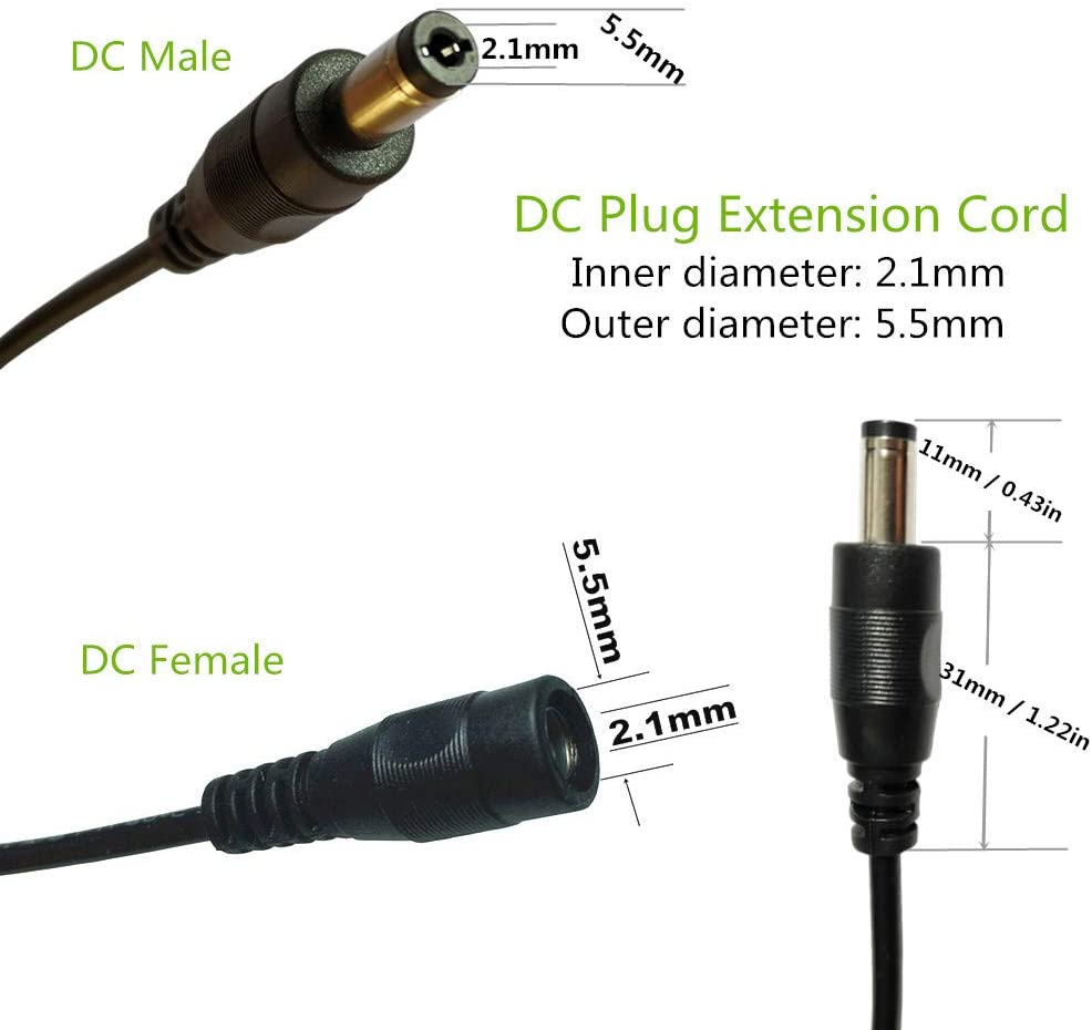 2pcs 1 Meter 2.1mm x 5.5mm DC 12V Adapter Cable DC Plug Extension Cable Male to Female Black - e4cents