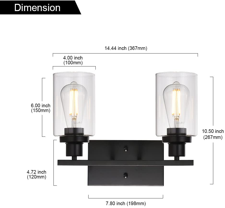 2-Light Black Wall Sconce Industrial Vintage with Clear Glass.  (LNC)