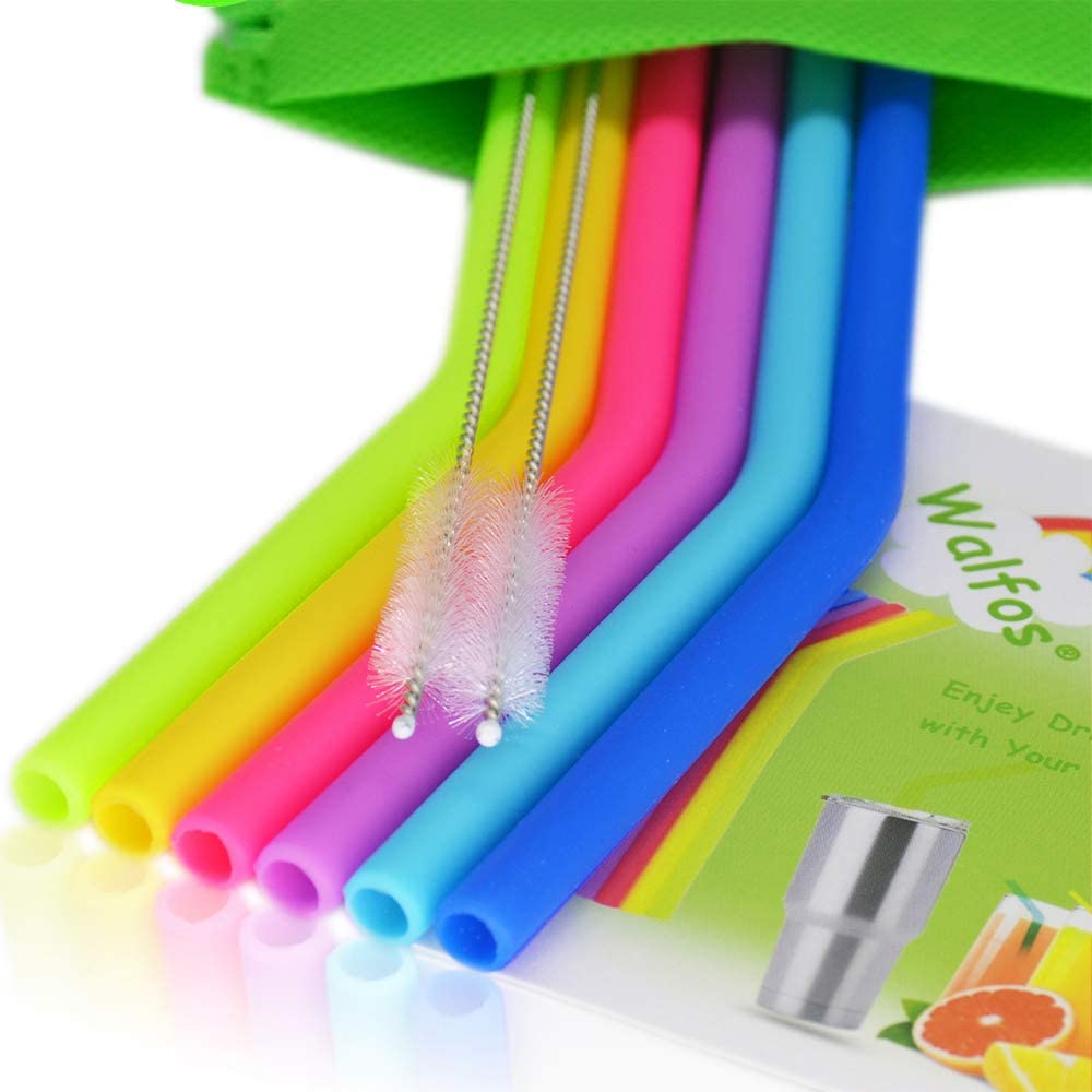 Walfos Reusable Silicone Straws - Extra Long Flexible Drinking Straws for Smoothies/20 & 30 oz Tumblers, Yeti/Rtic/Ozark/Trail, BPA Free (6 Regular Straws + 2 Cleaning Brushes + 1 Storage Pou
