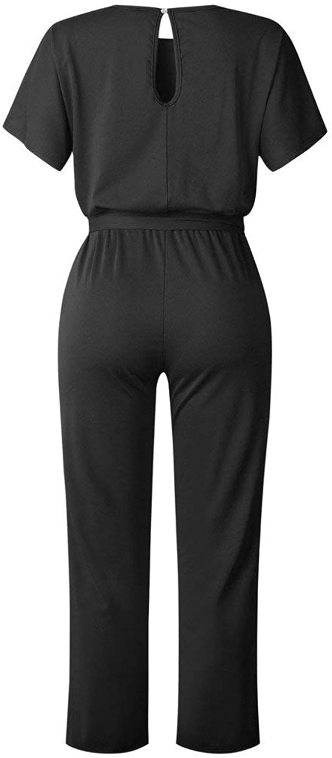 Womens Short Sleeve Sexy Semi Formal Cocktail One-Piece Jumpsuit (Black) - e4cents