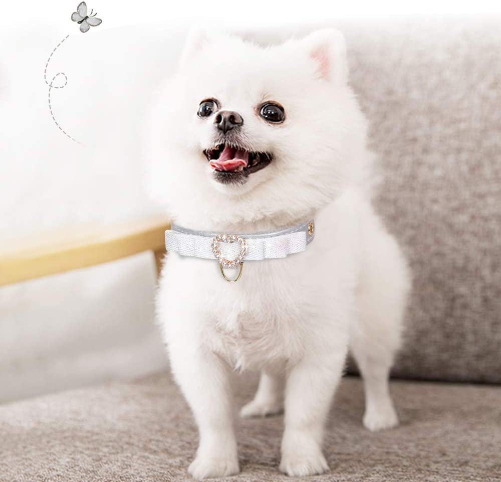 PetsHome Cat Collar, Dog Collar, Premium PU Leather Adjustable Collar with Bow and Rhinestones for Small Dog and Cat Extra Small Silvery - e4cents
