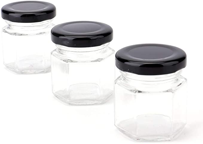 Tebery 1.5oz Mini Hexagon Glass Jars with Black Plastisol Lined Lids and Labels (Pack of 3) - e4cents
