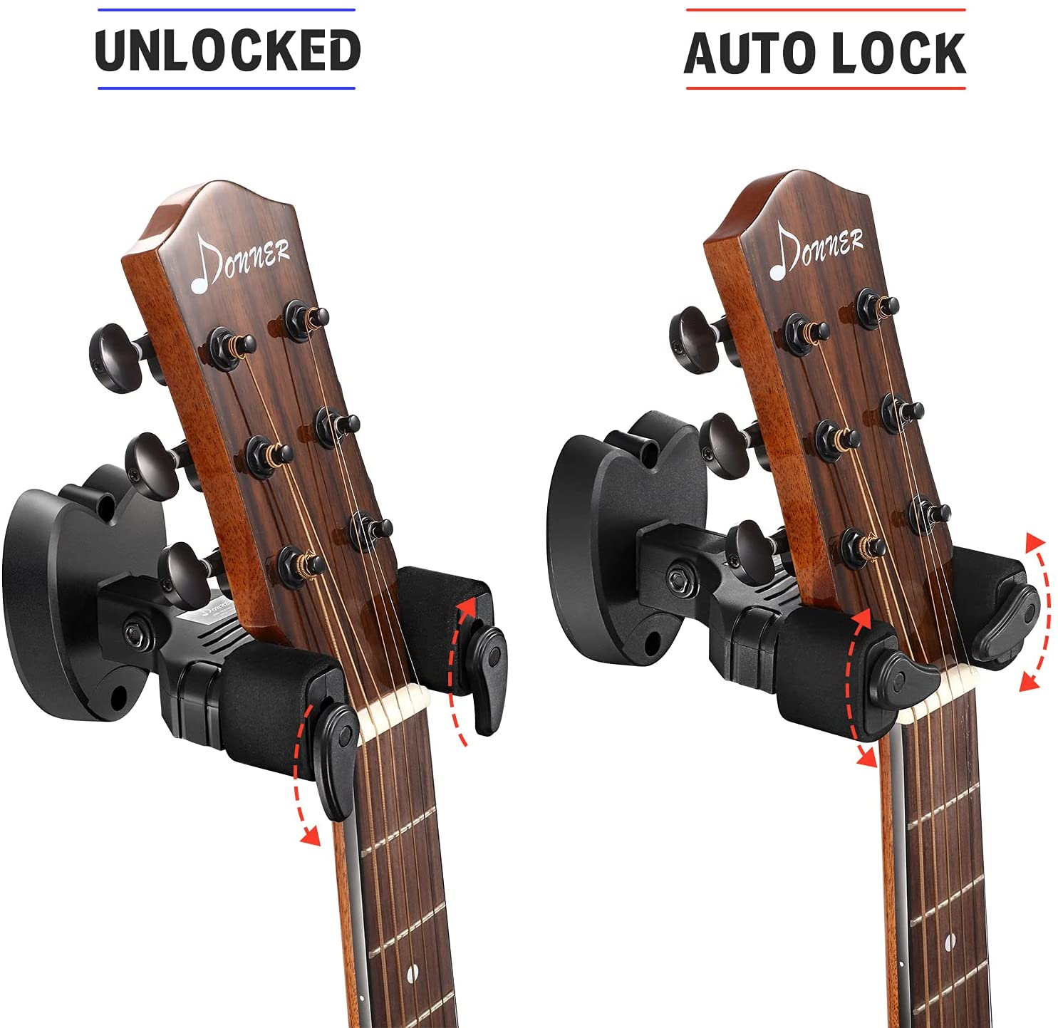 Donner Locking Guitar Wall Mount 1-Pack, Auto Lock Guitar Wall Hanger For Guitar Bass, Black