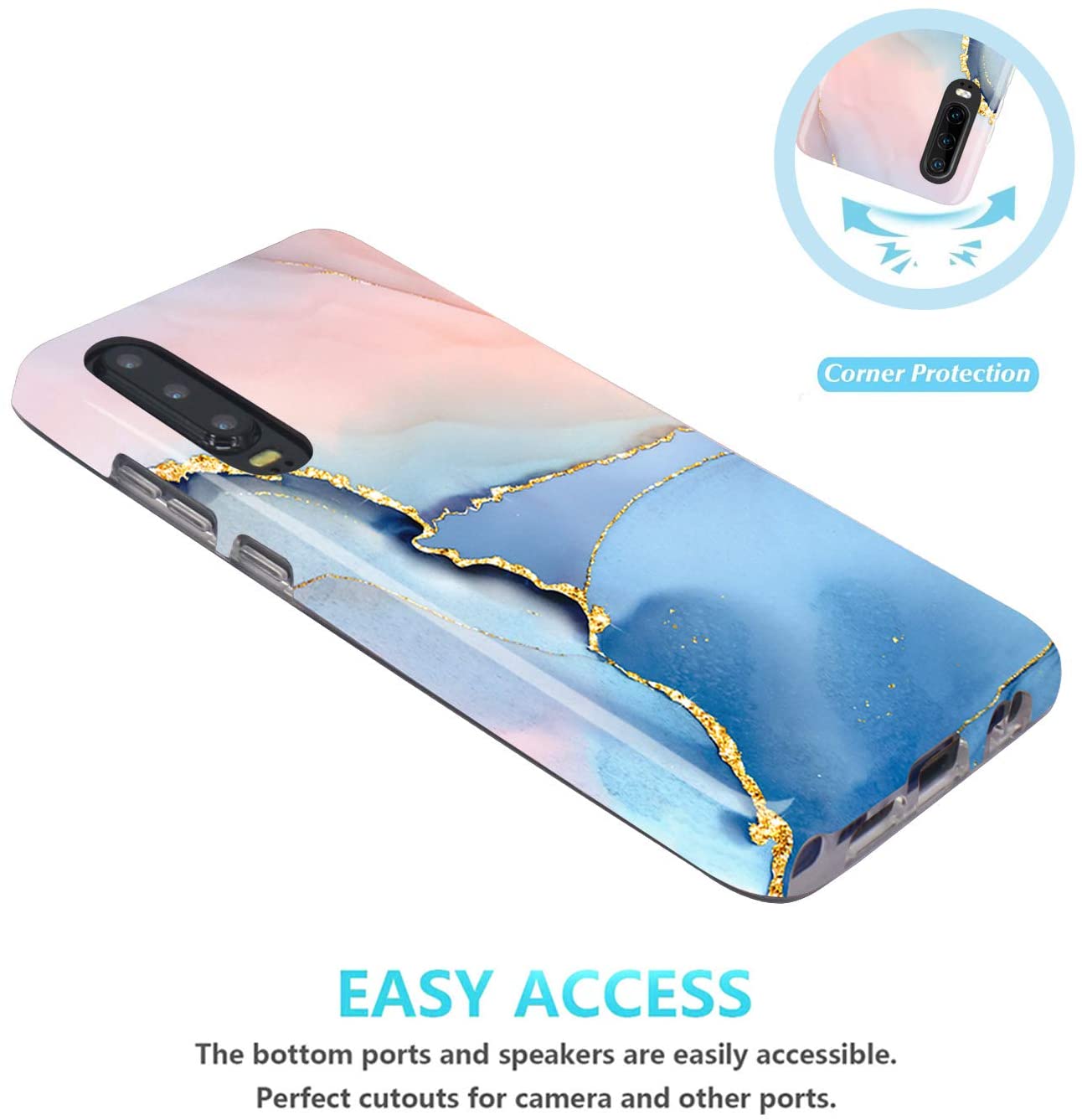 JAHOLAN Compatible Huawei P30 Case  - Gold Glitter Sparkle Blue Marble Design - e4cents