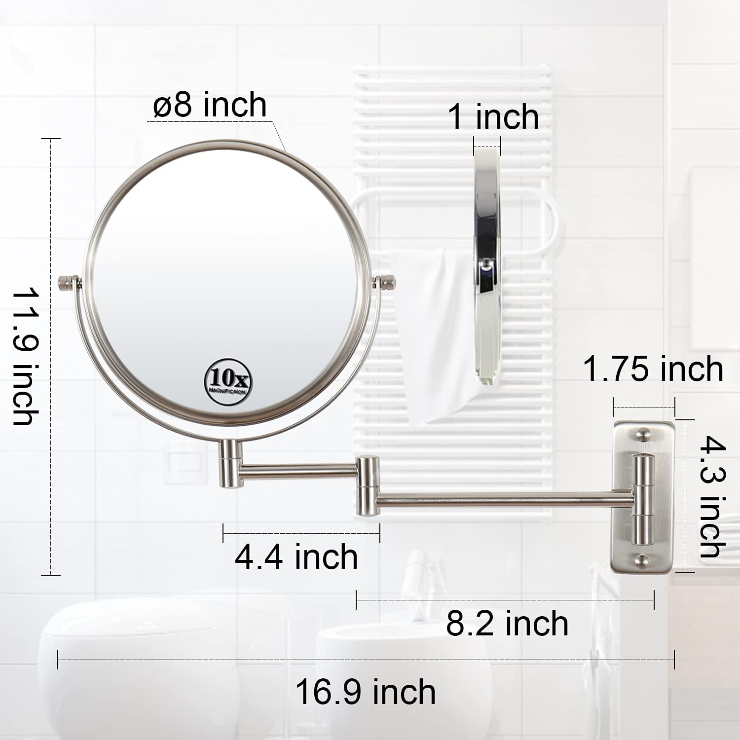 Lansi Wall Mounted Makeup Mirror, 1x/10x Double-Side Magnifying Mirror 8 Inch Vanity Mirror - (LNC)