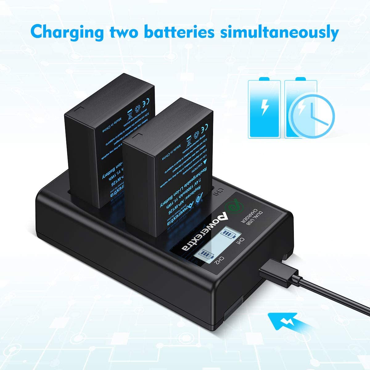 Powerextra 2x Replacement NP-W126 NP-W126S Battery & LCD Smart Charger (LNC)