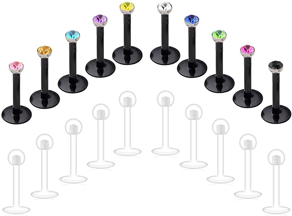 20pcs 16 Gauge Clear Lip Bar Flexible Ear Labret Retainers Stud Piercing Jewellery with Crystal - e4cents