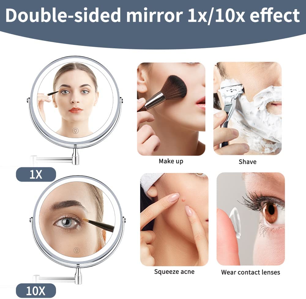 Lighted Wall Mount Makeup Mirror with 10X Magnification USB Rechargeable Battery Double Source.
