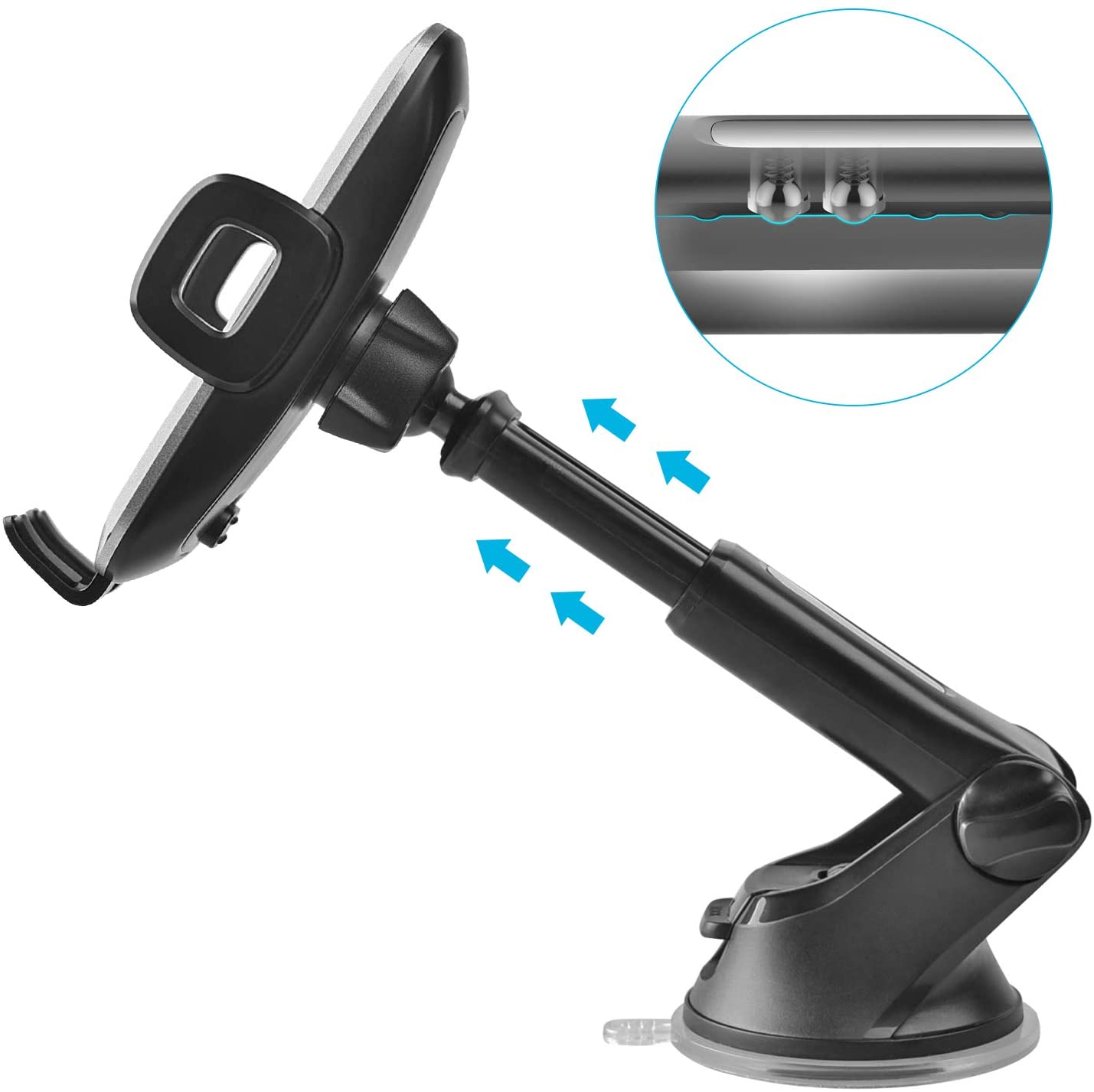 Suction Cup Phone Mount with Three-Side Protections and Adjustable Telescopic Arm [Quick One Hand Extension] - e4cents