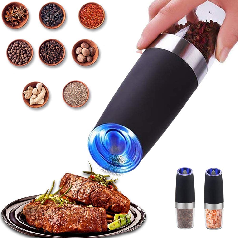 FREE - Automatic Battery Powered Matte Black Salt and Pepper Grinder Mill Set with Blue LED Light.