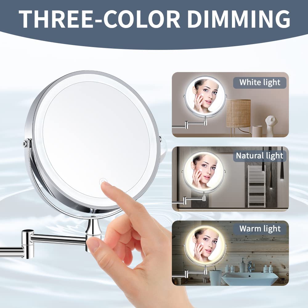 Lighted Wall Mount Makeup Mirror with 10X Magnification USB Rechargeable Battery Double Source.