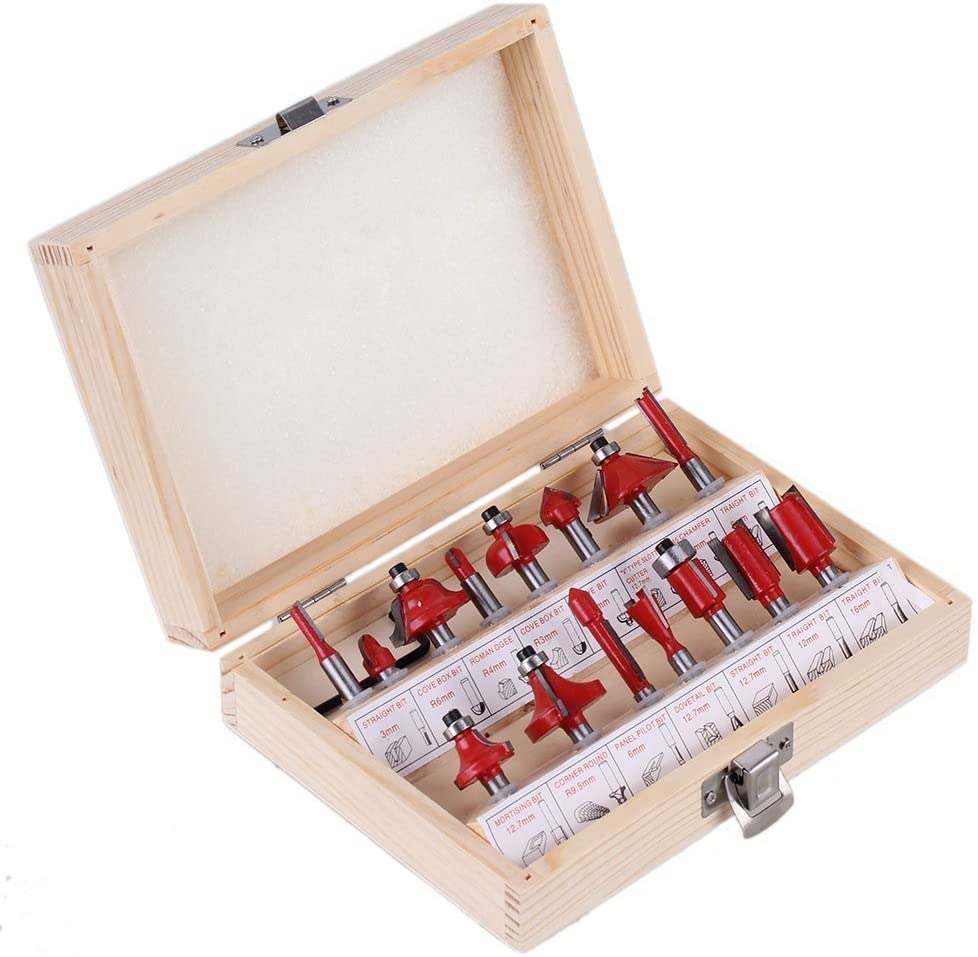 15PCS 1/4"(6.35mm) Shank Tungsten Carbide Router Bit Set Wood Woodworking Cutter Trimming Knife Forming Milling w/ Wood Case box  (NC)