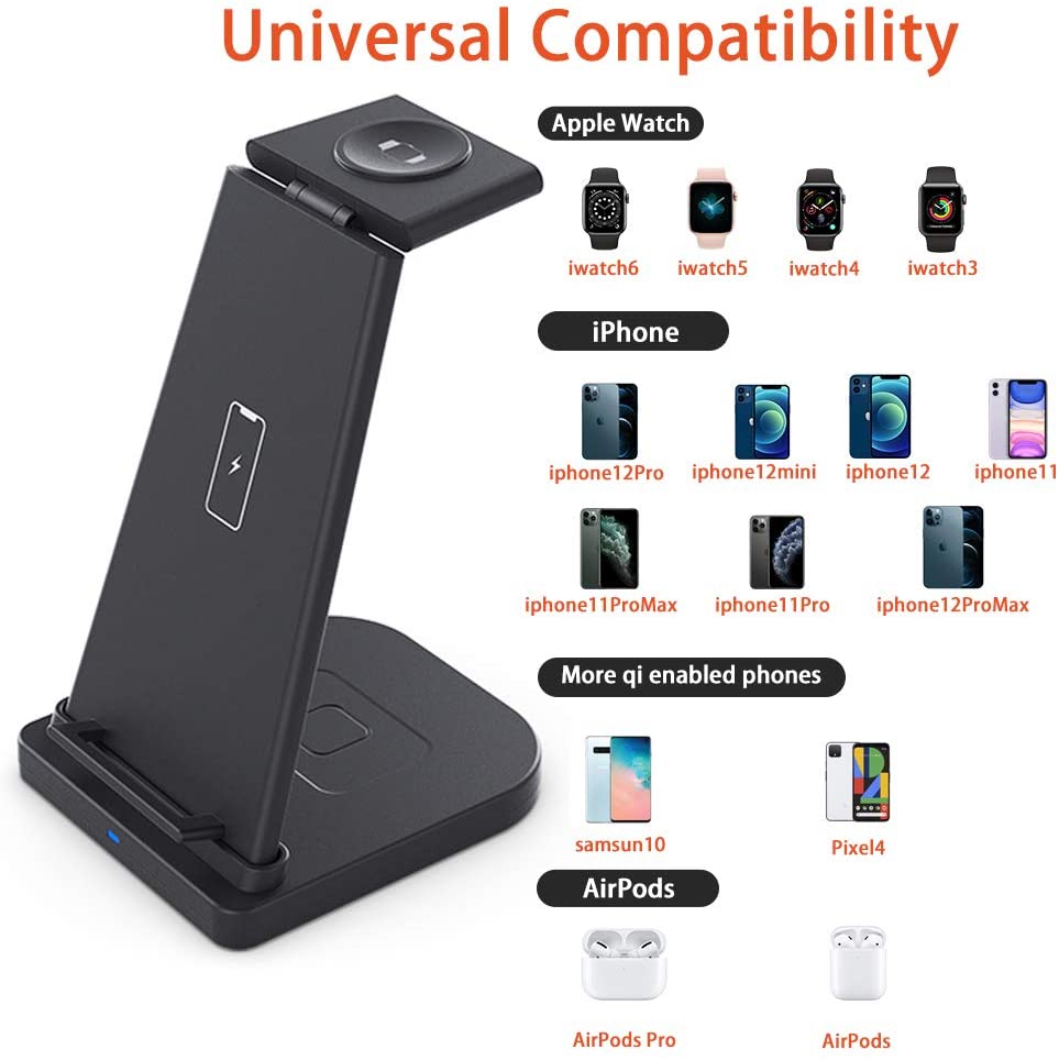 3 in 1 Wireless Charging Station, Phone Wireless Charger Stand Watch Charger Stand Compatible with iPhone 12 11 Pro Pro Max X XR XS 8 - e4cents