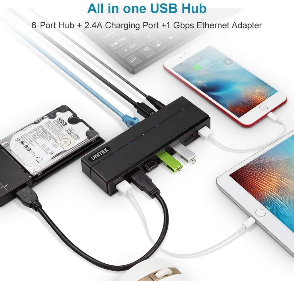 Unitek USB Ethernet Adapter 6 Ports USB 3.0 Hub with Gigabit Ethernet Converter