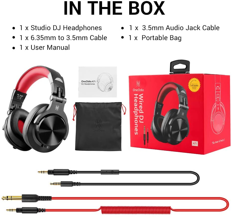 OneOdio A71 Wired Over Ear Professional Monitor Recording & Mixing Foldable Headphones with Stereo Sound (Red).