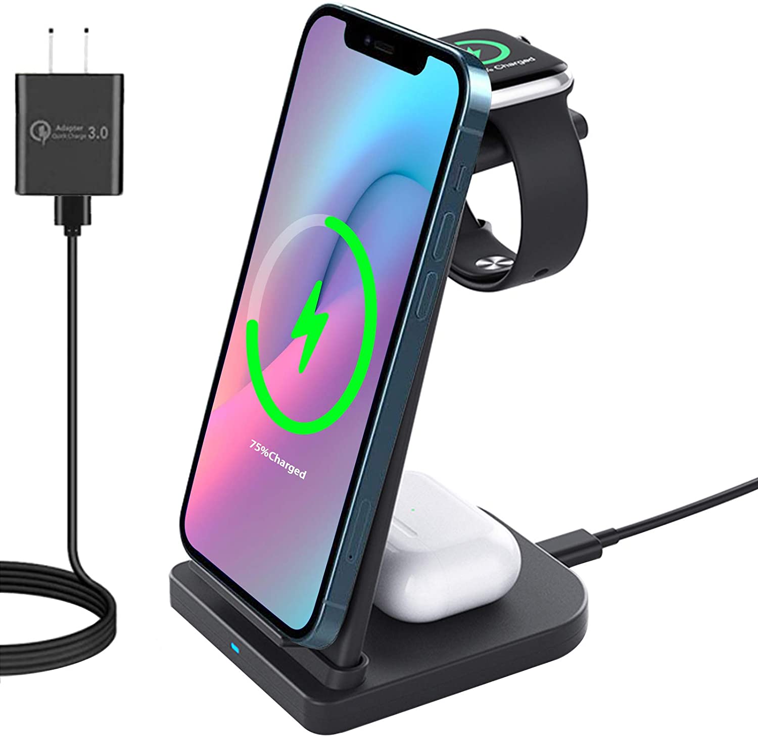 3 in 1 Wireless Charging Station, Phone Wireless Charger Stand Watch Charger Stand Compatible with iPhone 12 11 Pro Pro Max X XR XS 8 - e4cents