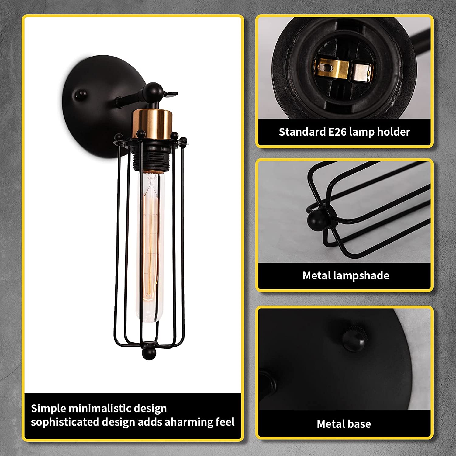 Wall Sconces Wall Lamp Wall Light 1-Light Hardwire Industrial Rustic Steampunk Cylinder Wire Cage Matte Black Base and Gold Light Socket.