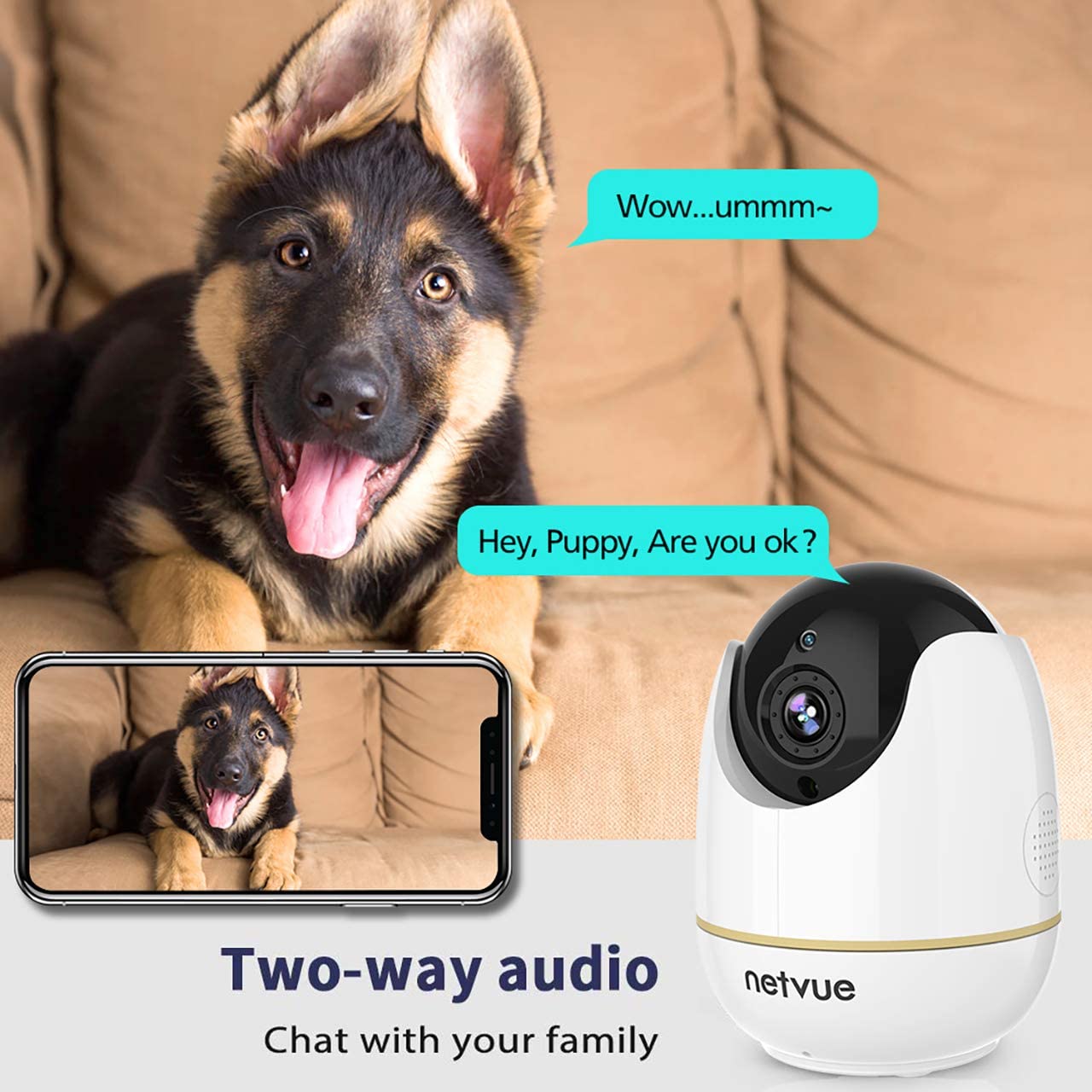 Dog Camera - 1080P Dog Camera with Phone App, Pan/Tilt/Zoom Home Camera with 2-Way Audio.