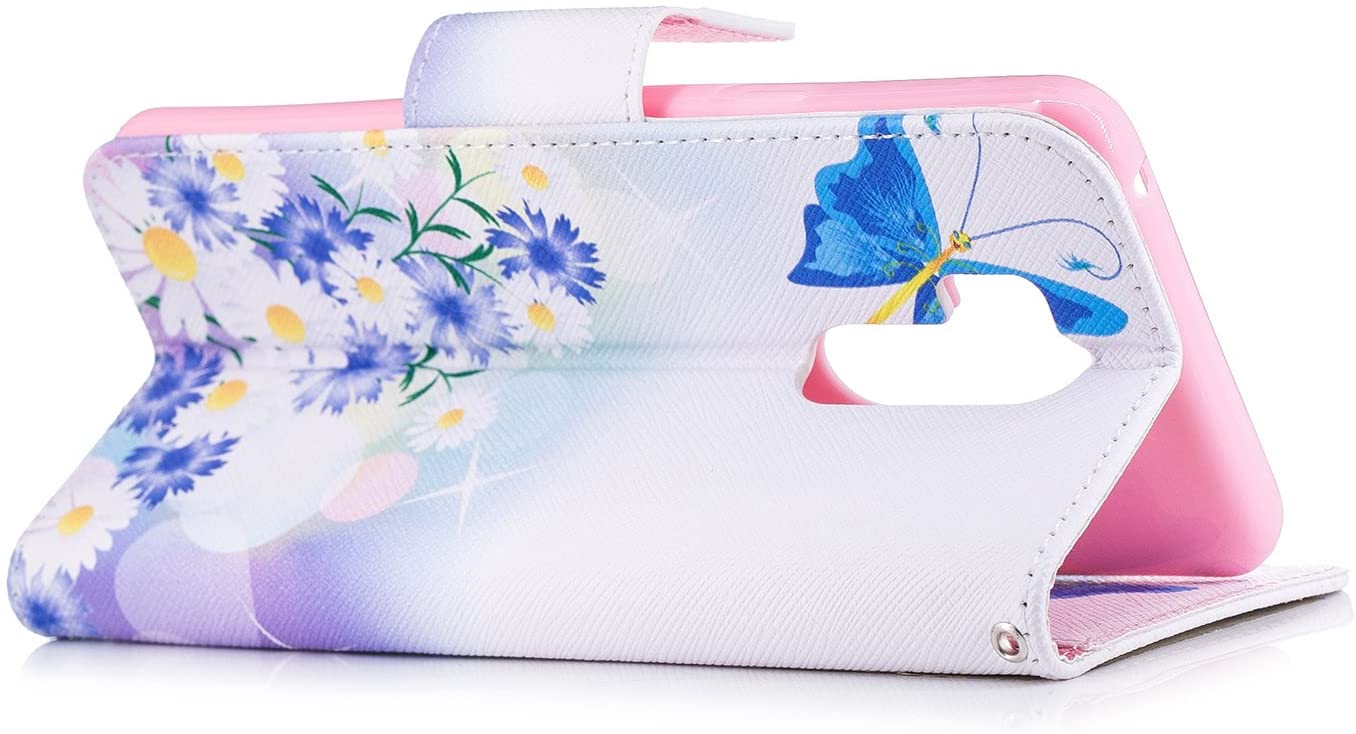 HMTECHUS LG G7 Case Luxury Blue Daisy Butterfly Elegant PU Leather Flip Folio Card Slot Wallet - e4cents