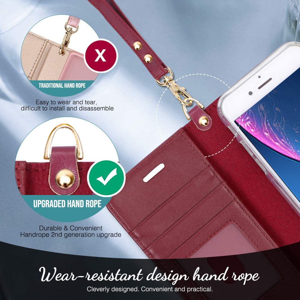 FYY Case for iPhone 8 Plus/7 Plus, [Kickstand Feature] Luxury Genuine Leather Wallet Phone Case - wine red - e4cents