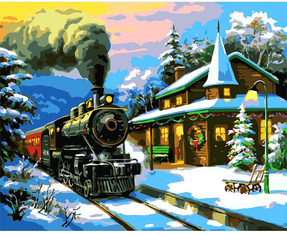 Paint by Numbers for Adults Christmas Train DIY Canvas Oil Painting Acrylic Pigment Kit for Adults. - e4cents