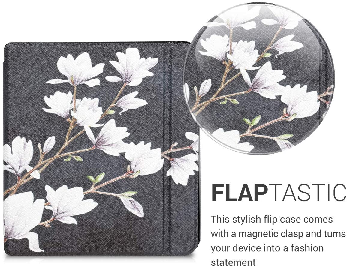 kwmobile Case Compatible with Kobo Libra H2O - PU e-Reader Cover - Magnolias Taupe/White/Dark Grey - e4cents