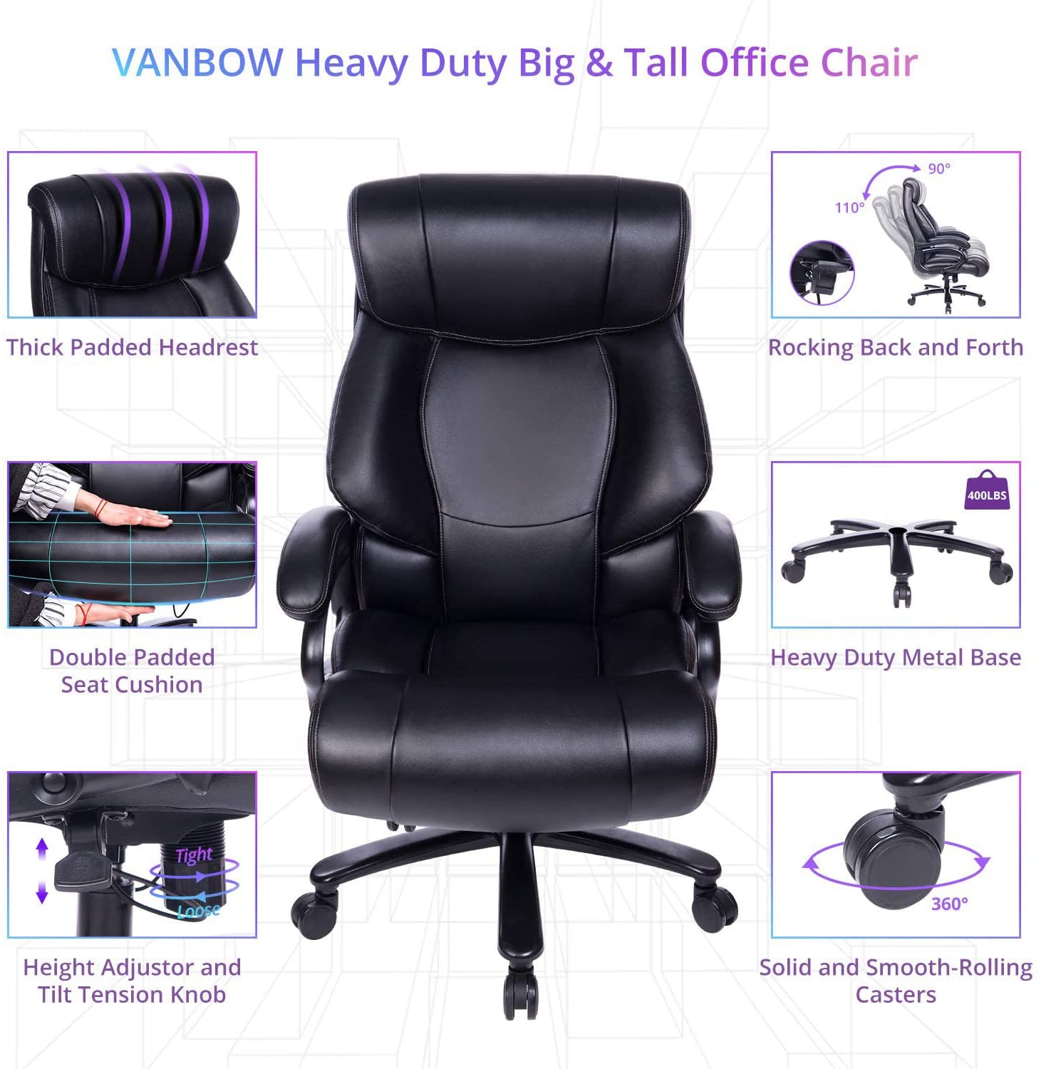 Reficcer High Back Big & Tall 400lb Leather Gaming / Work Chair for Your Office Space.(Black)(NC)
