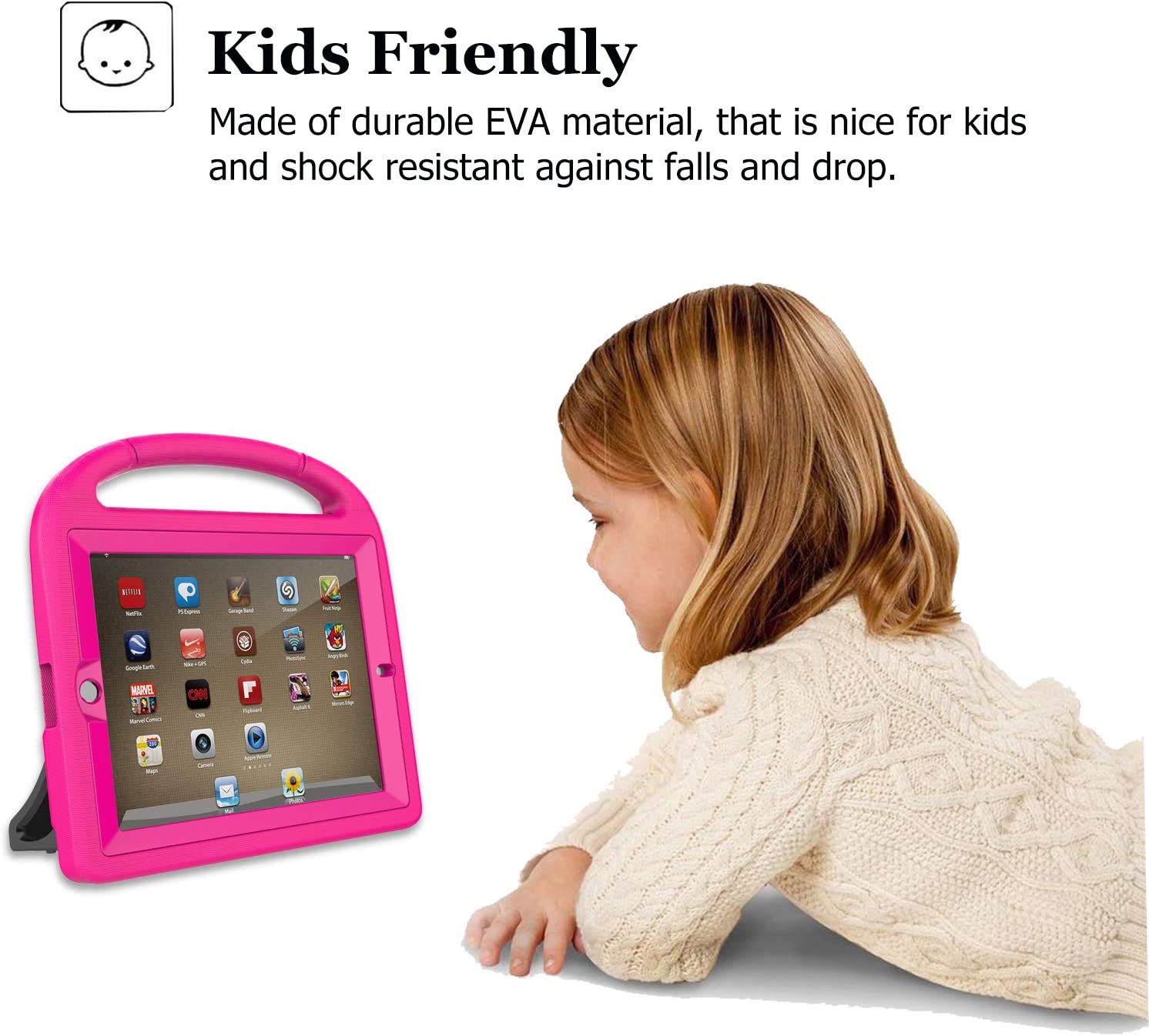AVAWO Kids Case Built-in Screen Protector for iPad 2 3 4 （Old Model)-  Shockproof Handle Stand Kids Friendly ( Rose Red). - e4cents