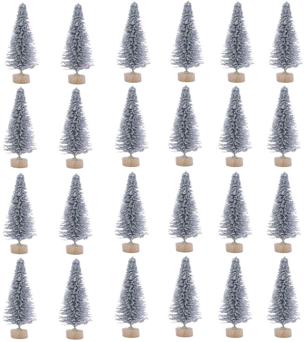 24 Pieces Artificial Mini Christmas Sisal Snow Frost Trees with Wood Base. - e4cents