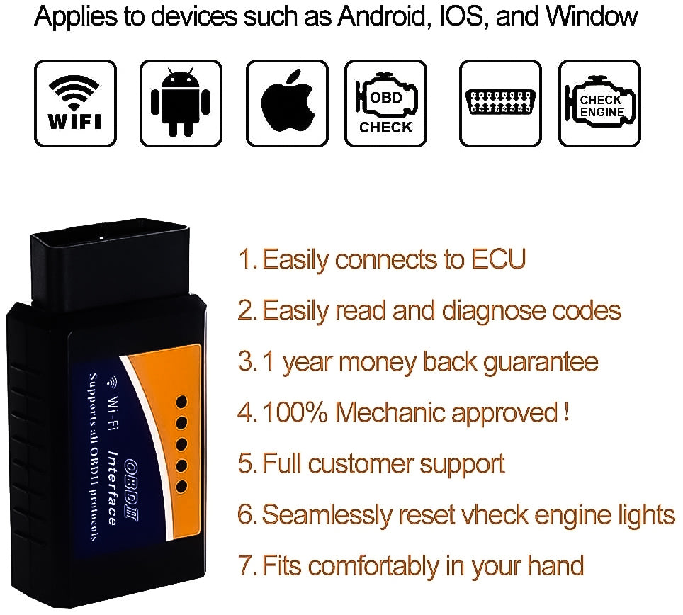 OBDII Car Code Reader Check Engine Light Diagnostic Tool for iOS, Android & Windows Devices