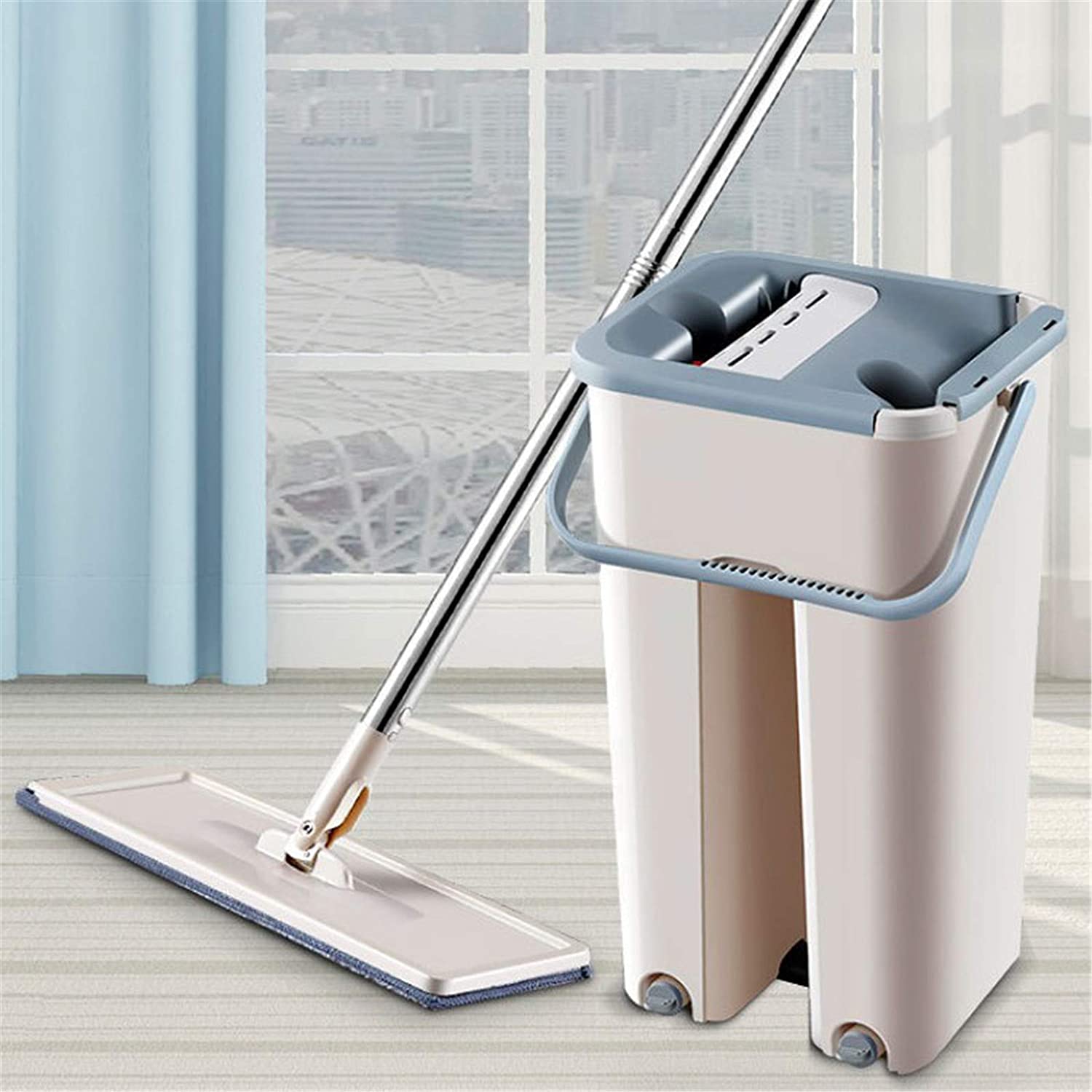Flat Floor Mop and Bucket Set Wet Dry Floor Cleaning Hand Free 360° Flexible Head Mop with 2 Reusable Mop Pads - e4cents