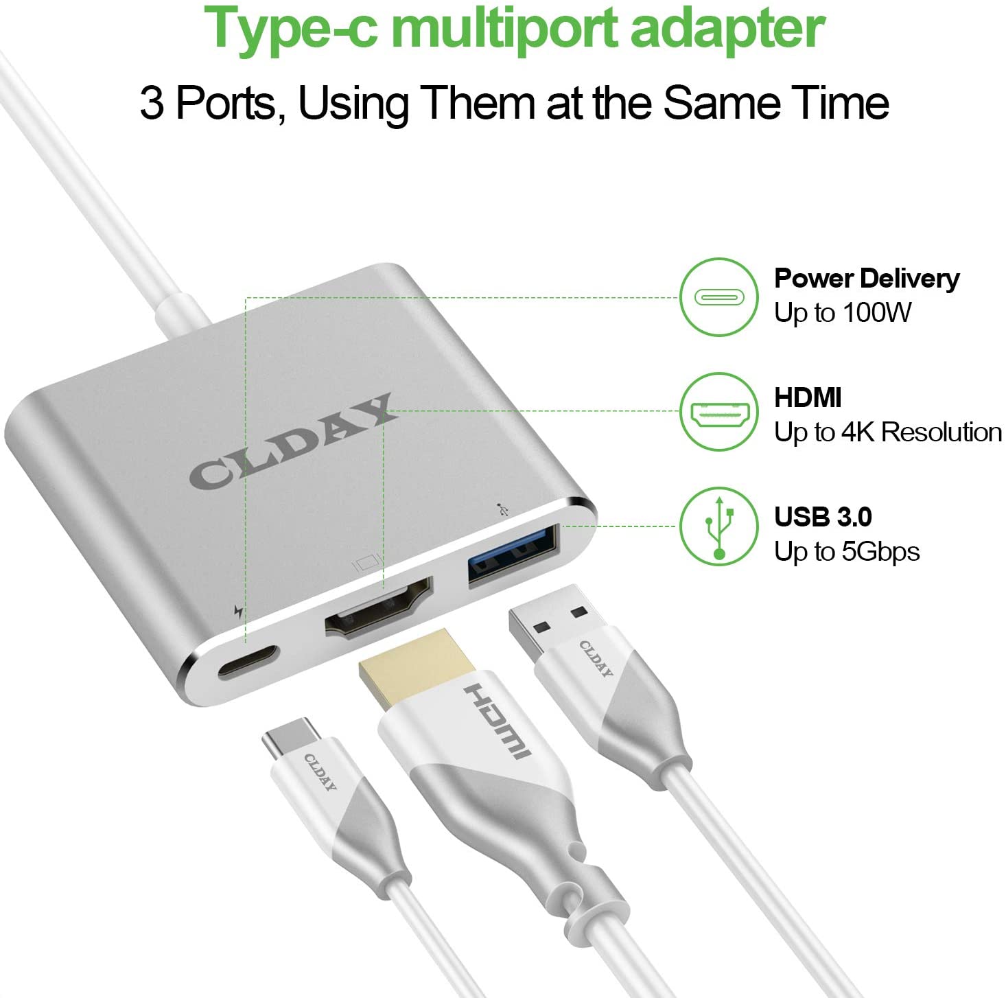 USB-C to HDMI Adapter, 4K CLDAY USB Type-C (Thunderbolt 3 Compatible) Multiport Hub - e4cents