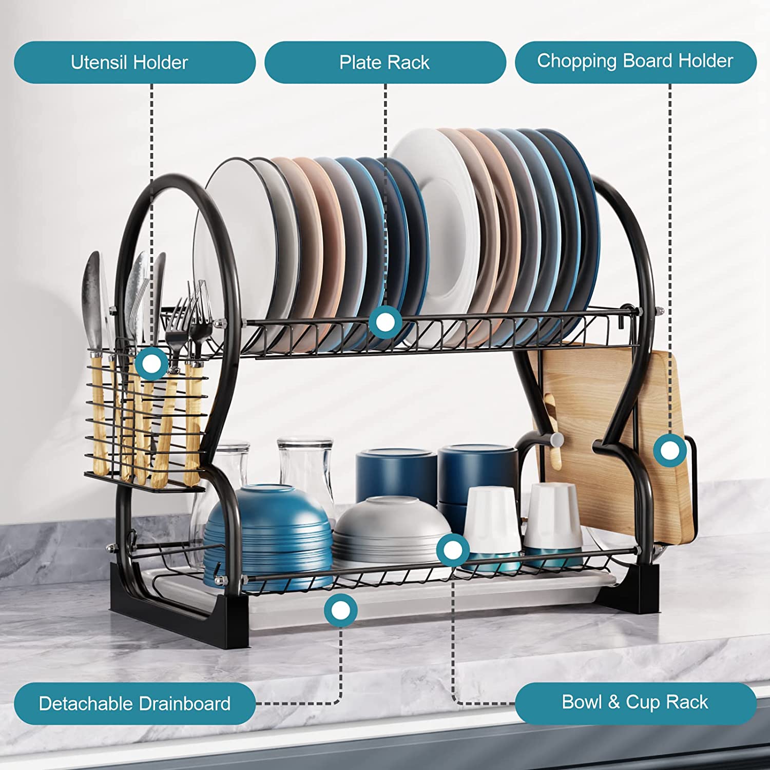 Dish Drying Rack, GSlife 2 Tier Stainless Steel Dish Rack with Utensil Holder, Cutting Board Holder and Dish Drainer for Kitchen Counter, Black.