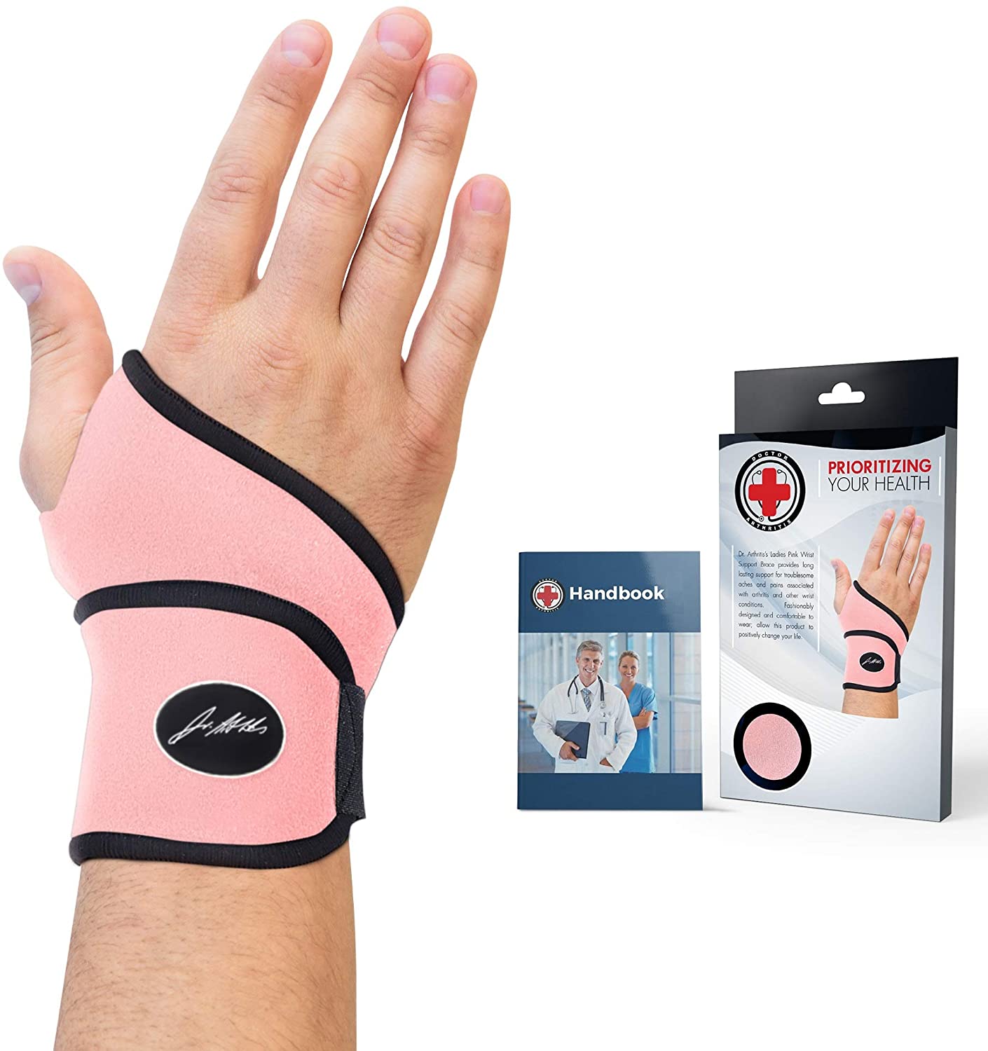 Doctor Developed Premium Ladies Wrist Support/Wrist Strap/Wrist Brace/Hand Support [Single] & DOCTOR WRITTEN HANDBOOK- RELIEF for Wrist Injuries, Arthritis, Sprains & More (Pink) - e4cents