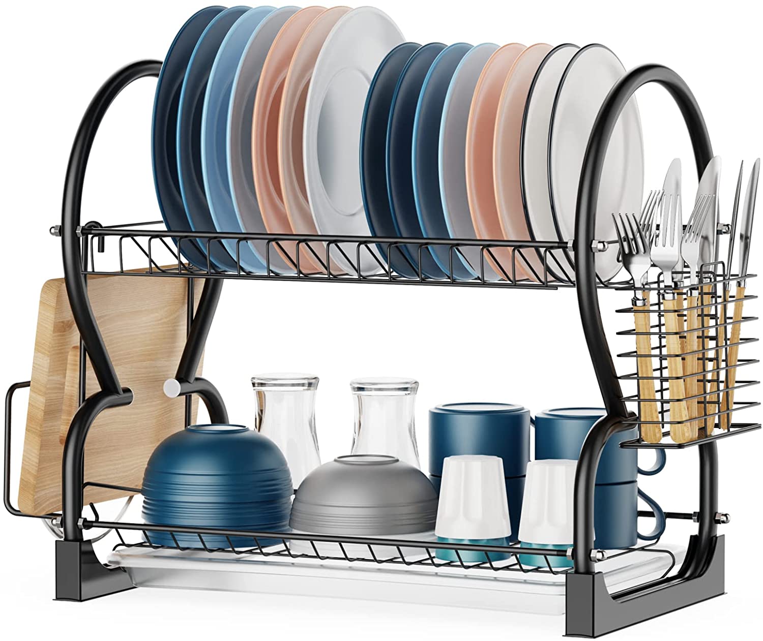 Dish Drying Rack, GSlife 2 Tier Stainless Steel Dish Rack with Utensil Holder, Cutting Board Holder and Dish Drainer for Kitchen Counter, Black.
