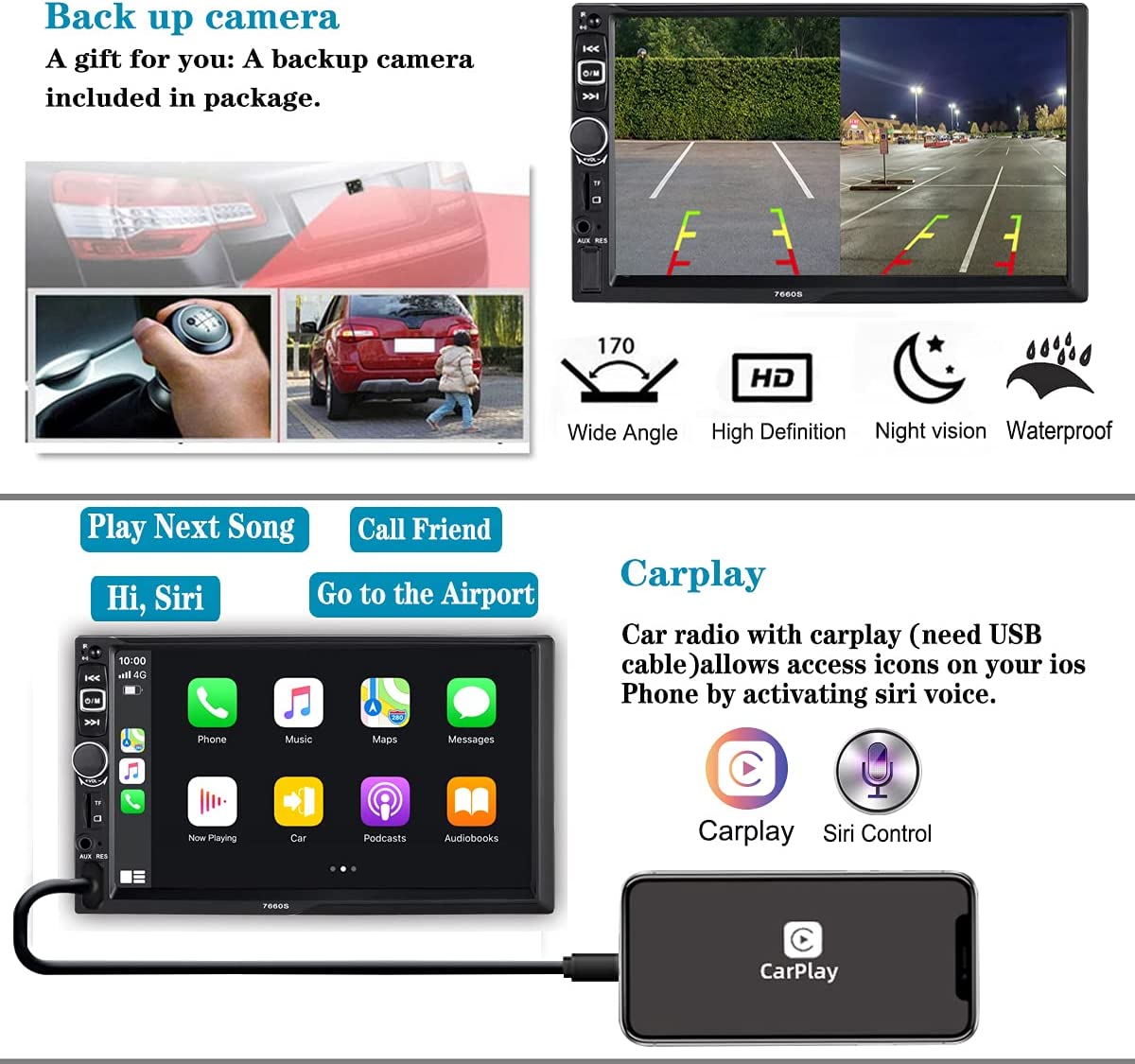 Double Din Car Stereo Radio Compatible with Apple Carplay and Android Auto. (LNC)