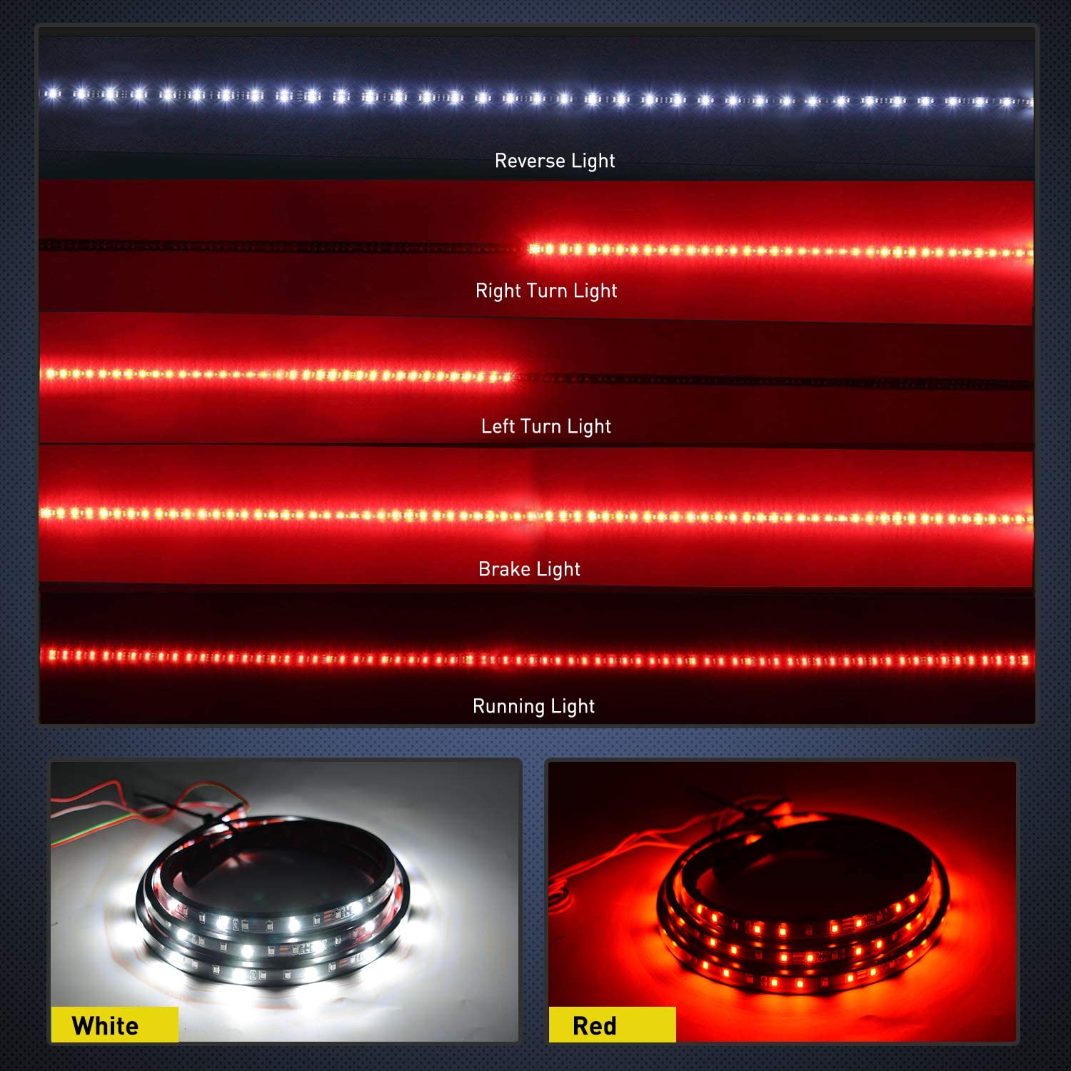 TR-11 48”/49” LED Tailgate Light Strip 90 LED Red/White for Running Light Brake Light Turn Signal Lights Reverse Light.