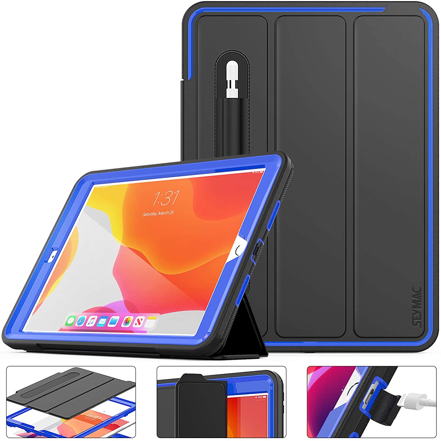 SEYMAC Stock iPad 8th/7th Generation Case - Auto Sleep Wake with Leather Stand Feature for iPad 8th/7th Generation 2020/2019 10.2 Inch (Blue/Black) - e4cents