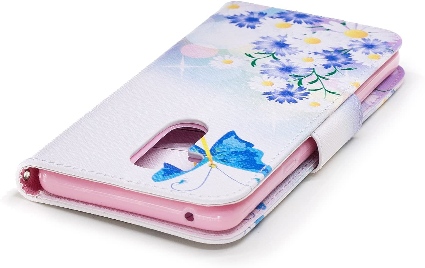 HMTECHUS LG G7 Case Luxury Blue Daisy Butterfly Elegant PU Leather Flip Folio Card Slot Wallet - e4cents
