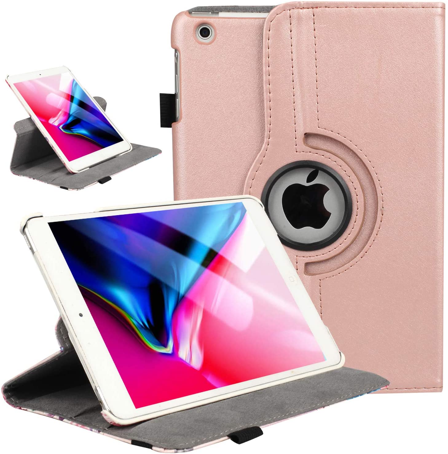 iPad Mini 1/2/3 Case 360 Degree Rotating Stand Case Cover with Auto Sleep/Wake Feature Smart PU Leather) - ROSE GOLD. - e4cents